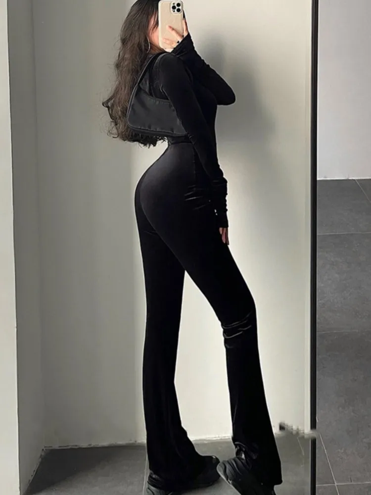 Combinaison moulante en velours noir pour femme, Sexy, mode, capuche, fermeture éclair, pantalon évasé, barboteuse, Vintage Y2k, Streetwear, tenues d'hiver, automne