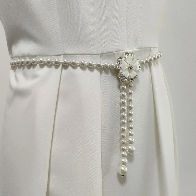 Korean version of pearl waist chain women's belt fashion dress decorative rhinestones beaded flowers elegant and versatile