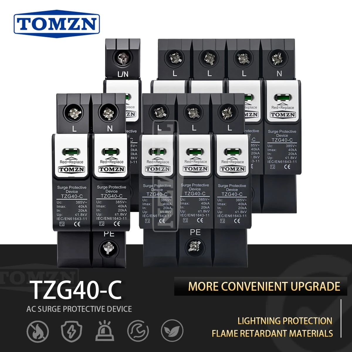 Trilho DIN SPD TZG40-B/C/D 1234P PA66 110V 220V AC 10kA 20kA 30kA T2 Novo Tipo Plugável tomzn escritório Para PC Proteção contra raios