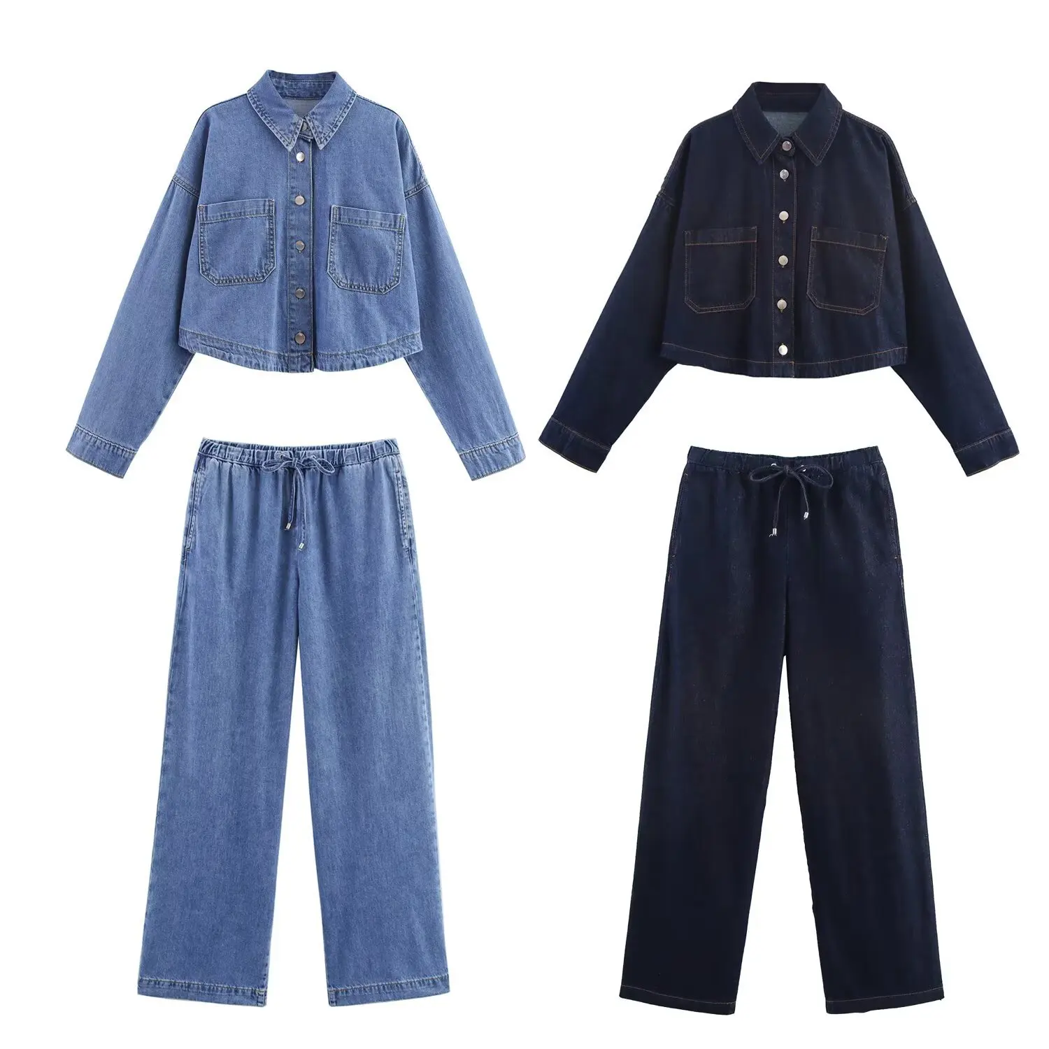 Turn Down Collar Long Sleeve Casual Shirt Wide Leg Straight Elastic Waist Jean Trousers Fashion Versatile Denim Suit For Women