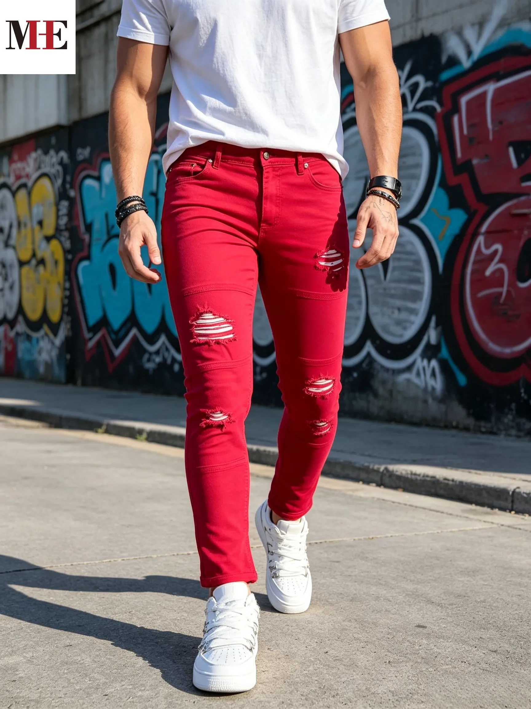 【HME】Men's Jeans | Cropped Ankle Slim Tapered Denim Pants with Classic Five-Pocket Layout, vintage Frayed Distressed Rip Decoration, Elastic Smooth Denim Texture, Perfectly Match Casual Sneakers for Street Outing All-Match Men Pants