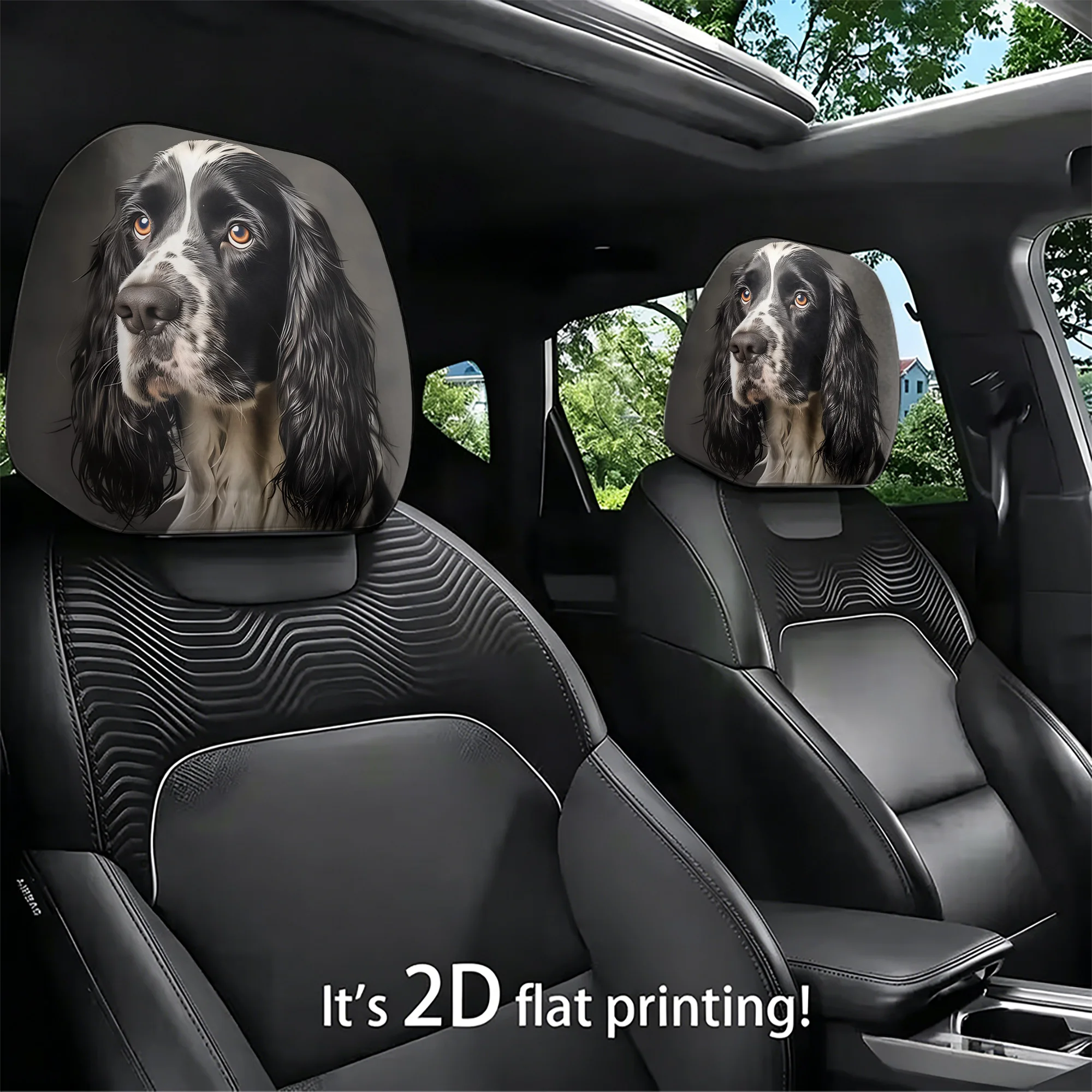 2pcs car headrest covers featuring a Spanish hound design, adding a touch of charm to your car’s interior. Filling not included.