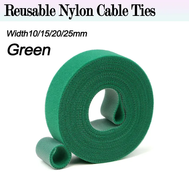 1/5Rolls 5M Green Reusable Cable Ties Width10/15/20/25mm Double Side Hook and Loop Fastening Straps Cable Wire Management Tape