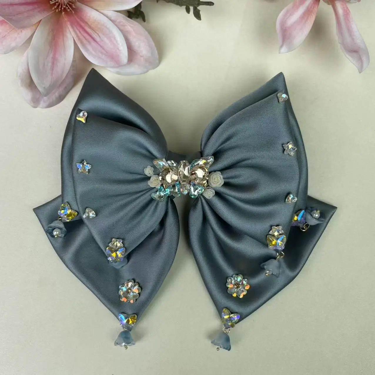 

New High-End Heavy-Duty Three-Layer Satin Fairy Bow Exquisite Hot Diamond Tassel Hair Accessories Elegant Spring Clip
