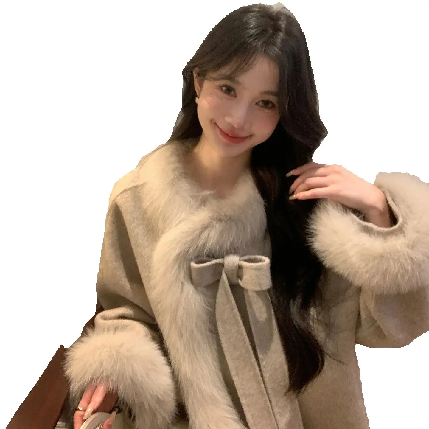 

2025 Новый стиль, воротник из лисьего меха, двухстороннее шерстяное пальто для женщин, шерстяное пальто с бантом на осень и зиму