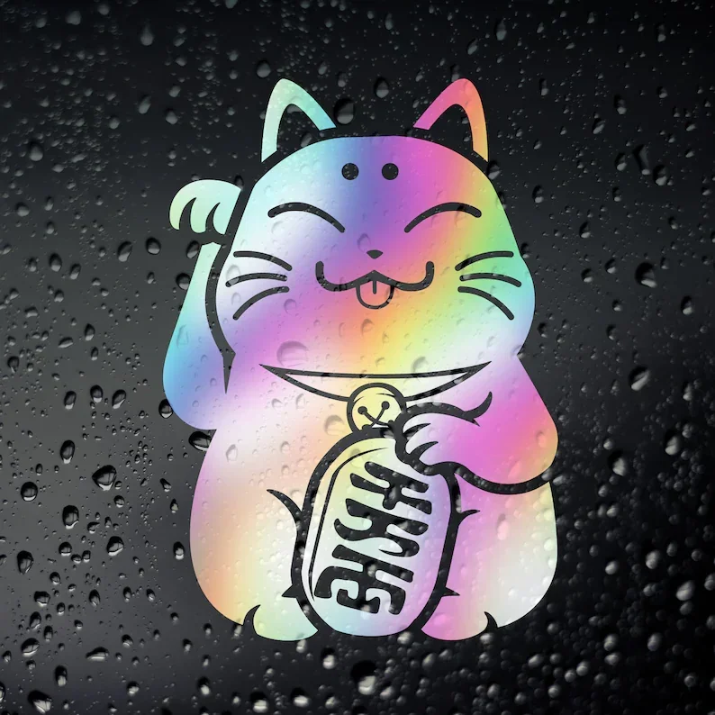 Lucky Cat Maneki Neko Oil Slick Chrome JDM Sticker - Drift Tengoku Japanese Car