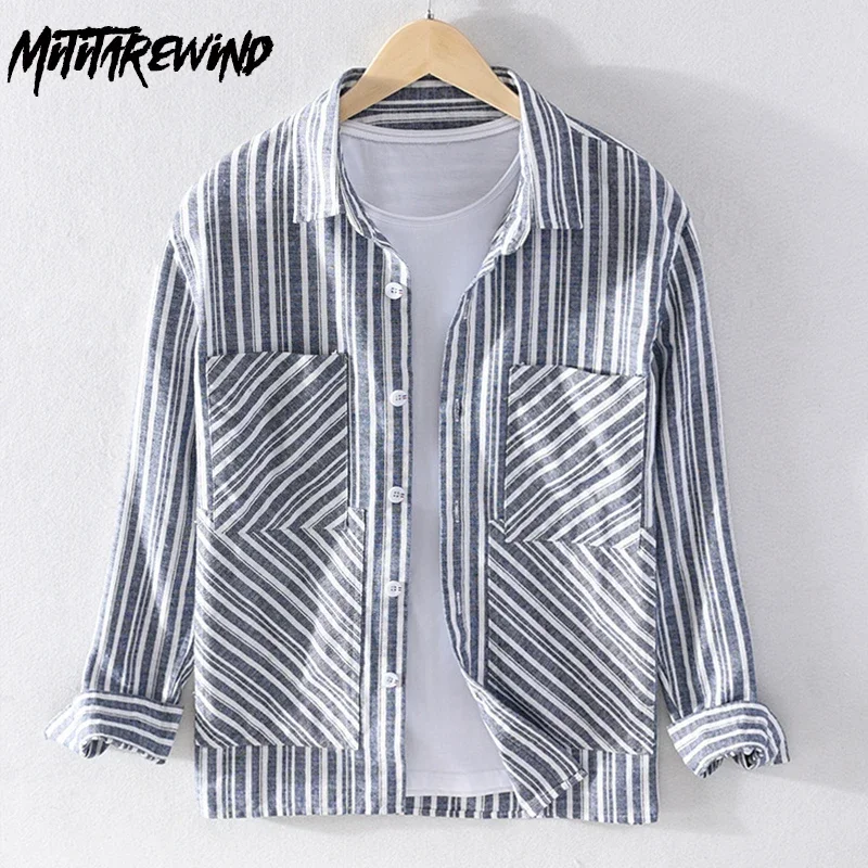 

Spring Fall Mens Long Sleeve Striped Shirt Safari Style Men Tops Lapel Double Pockets Fashion Shirts Youth Casual Chemise Homme