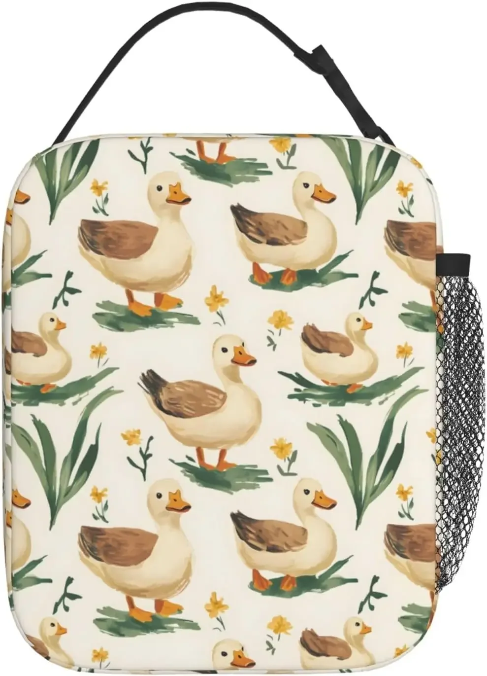 Cute Duck Lunch Bag, Polyester Tote Bags with Meadow and Floral, Rural Countryside Insulated Lunchbox