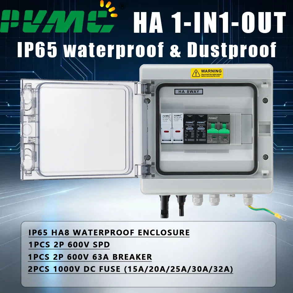1-in-1-out HA DC 600V Solar-Photovoltaik-Kombiniererbox mit Blitzschutz, 32A Sicherung, MCB, SPD, wasserdicht IP65, Verteiler
