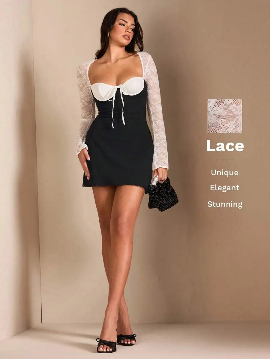 

Women's Black Mini Dress with Lace Sleeves and Sweetheart Neckline