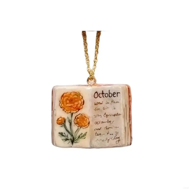 195C Pendant Necklace with Month Flower Theme, Mini Book Charm and Adjustable Chain for Anniversary Gift Giving Jewelry