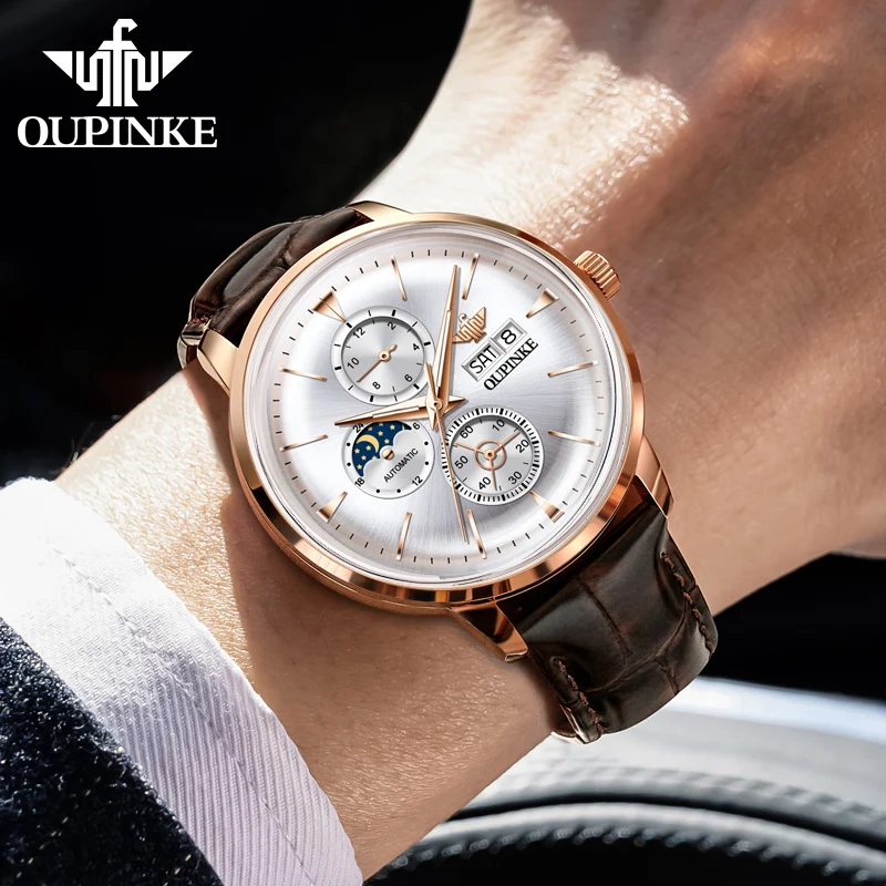 OUPINKE ブランドメンズ腕時計ブラウンレザーストラップ自動機械式腕時計男性用多機能日付メンズ腕時計