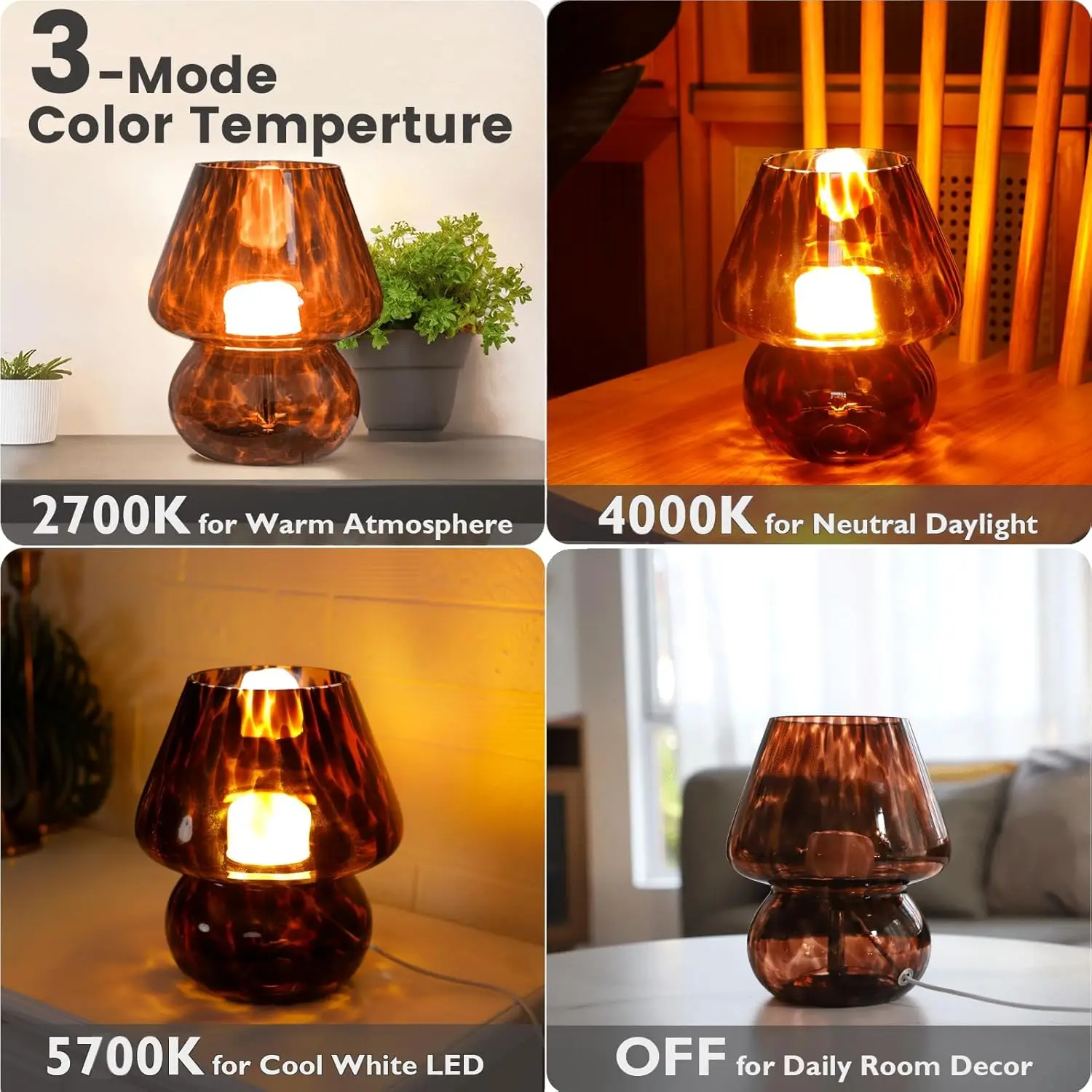 مصباح فطر USB عتيق مع 3 درجات حرارة LED، ضوء ليلي قابل للتعتيم لغرفة النوم، غرفة المعيشة، المدخل - كهرمان ذهبي