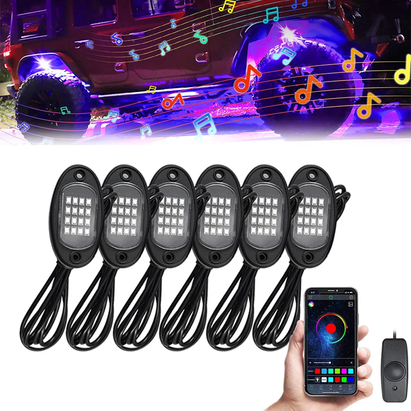 

Waterproof RGB LED Rock Light Underglow Neon LED Light Kit Bluetooth APP Remote Control Chassis Decorative for Jeep 4/6/8Pcs