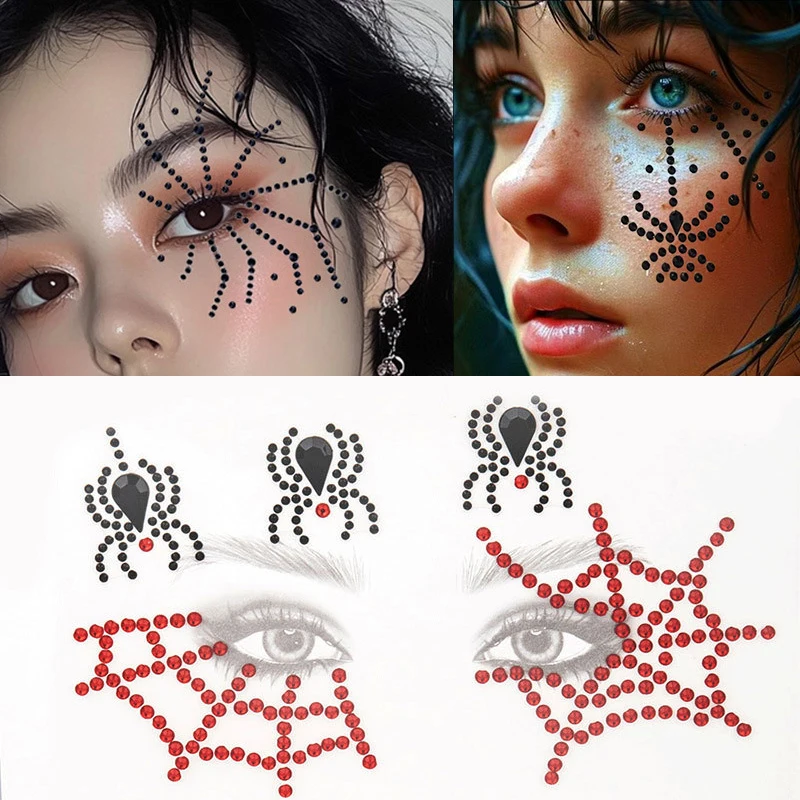 Red Black Spider Gem Stickers Halloween Fake Tattoos Web Little spiders Stereo Makeup Face Jewels Stickers Dance Party Cosplay