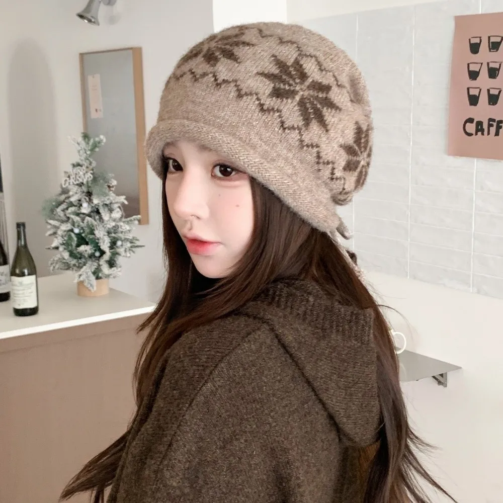 Fashion Drawstring Knitted Hat Snowflake Printed Keep Warm Skullies Cap Winter Hat Autumn