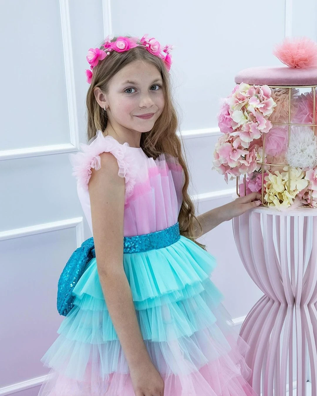 Rainbow Gradient Colors Flower Girl Dress Tulle Layered Exquisite Princess Wedding Party Ball Kids Birthday Present Dresses