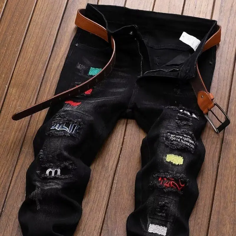 Korean Fashion Streetwear Brand Ripped Jeans Summer Slim-fit Printed Pants Casual Elastic Black Trousers Designer Men's Jeans