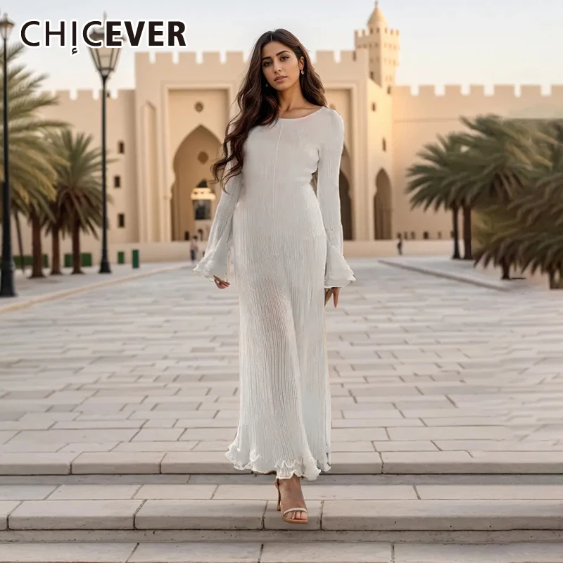 

CHICEVER Kintted Sexy Elegant Dress For Women O Neck Flare Sleeve High Waist Spliced Folds Ruffle Hem Long Dresses Female Spring