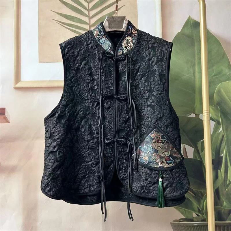 Chinese 2025 Spring and Autumn New Loose Jacquard Embroidered Vest Fashion Coat National Style Black Retro Sleeveless Buckle WLF