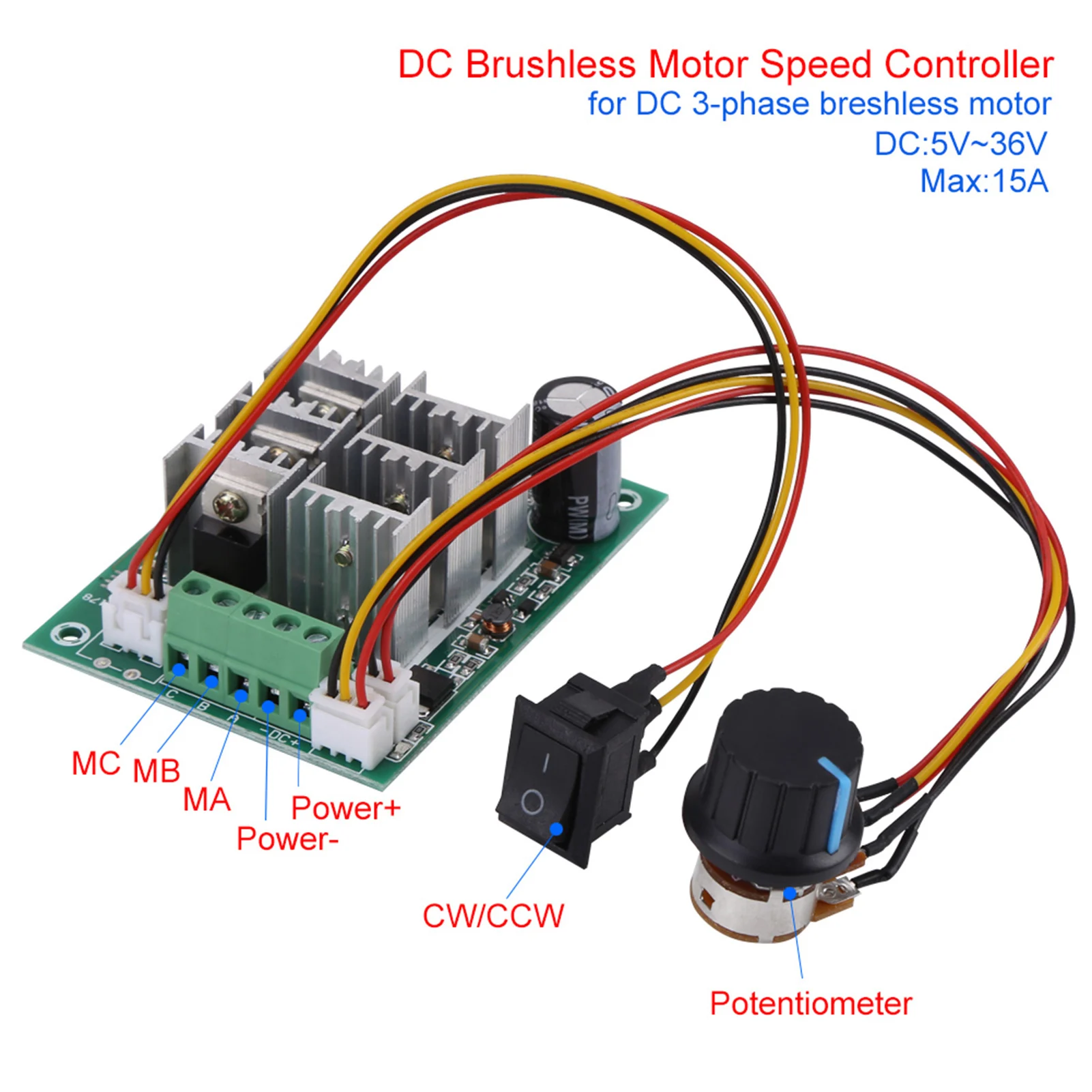 5V‑36V 15A 3‑Phase Brushless Motor Speed Control CW CCW Reversible  Motor Speed Controller Speed Control
