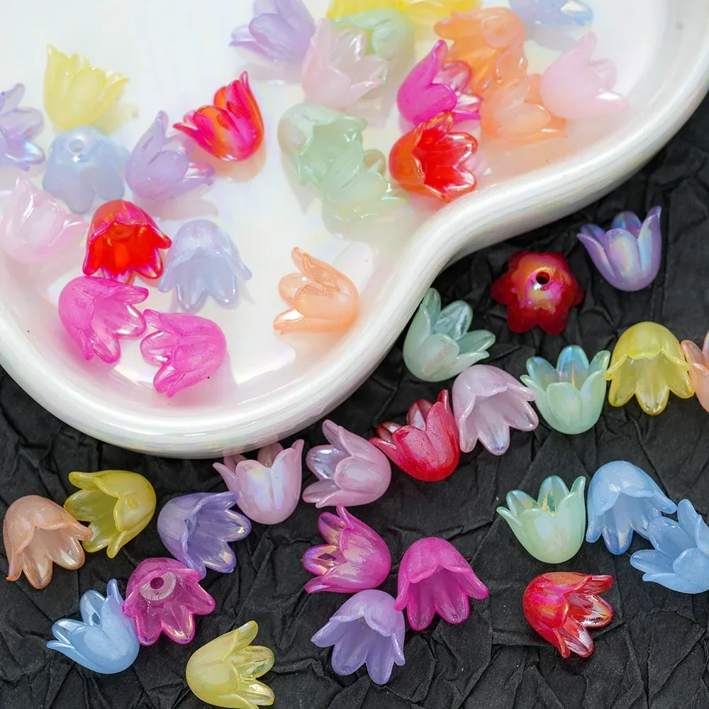 100pcs AB Colorful Flower Acrylic Beads Charms Bead Caps Loose Spacer For Jewelry Making Diy Bracelet Necklace Accessories