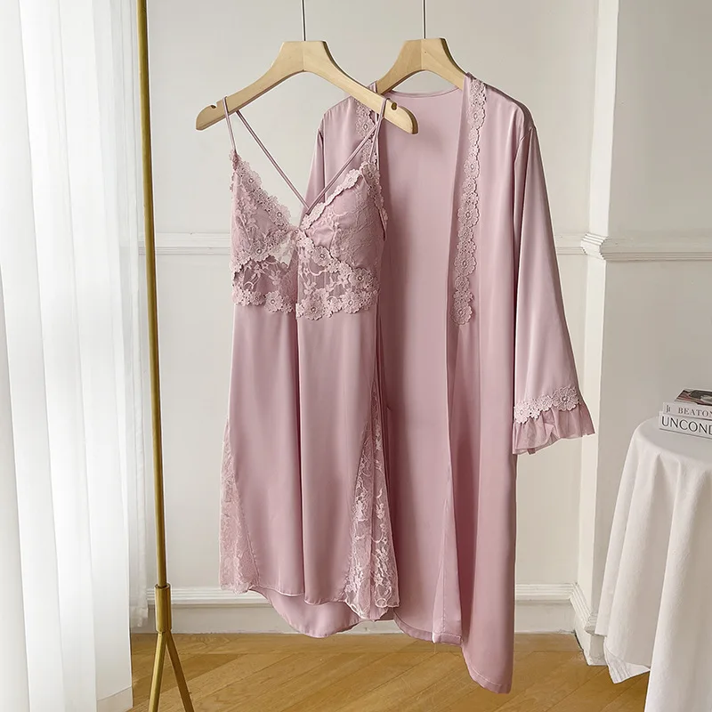 Solid Color Sexy Women Nightgown Robe Nightdress Sleep Dress Home Clothes Ice Silk Sleep Set Lace 2Pcs with Chest Pad Lounge