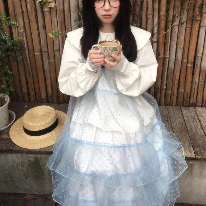 Japonês azul bordado bolinhas organza vestido feminino design original empilhado tule dupla camada plissado borda vestidos senhoras