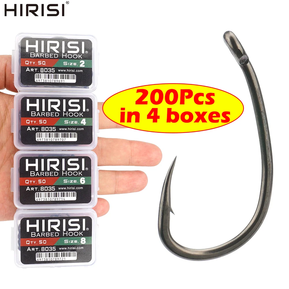 Hirisi 200 Stück Hochkarbon-Edelstahl PTFE-beschichtete Angelhaken mit Mikro-Widerhaken, Verbindbare Angelhaken-Box, Angelzubehör 8035