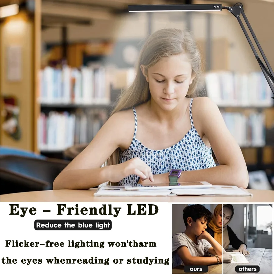 New LED Desk Lamp with Clamp 10W Swing Arm Desk Lamp Dimmable Eye-Caring Desk Light with 10 Brightness Level 3 Lighting Modes