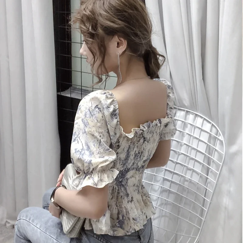 Sexy Summer Chiffon Blouses Women 2024 Fashion Casual Floral Printed Crop Corset Top Blouse Freach y2k Puff Sleeve Bustier Tops