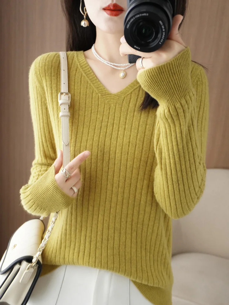 Autumn Winter New Style V-Neck Cashmere Sweater Women's Drawstring Inner Shirt Fashionable Loose Wool Knitted Top