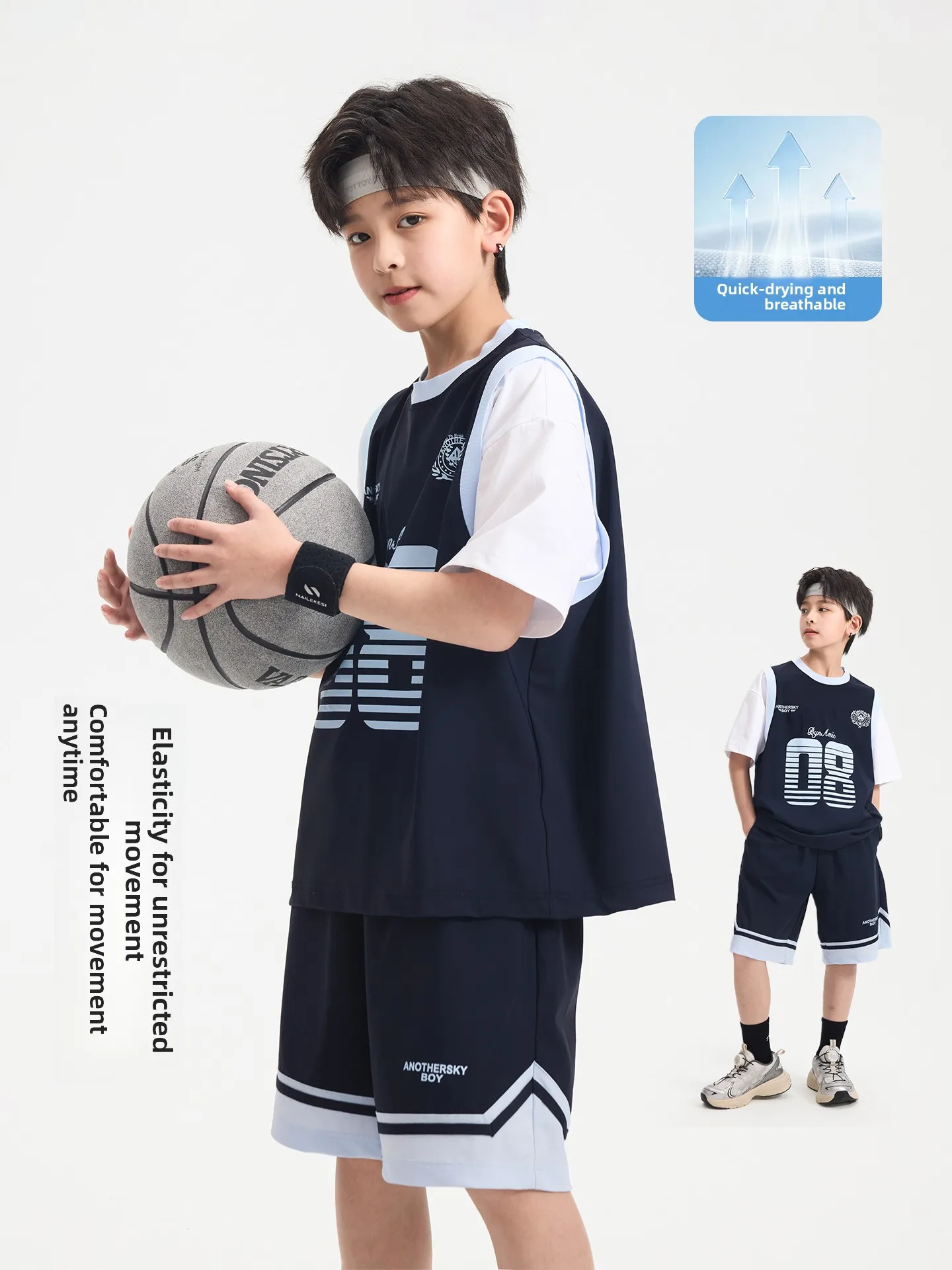 Boys Sportswear Quick Dry Cool Feeling Short Sleeve T-Shirt Basketball Outfit Children's Clothing Set V-Neck Loose Fit Nylon