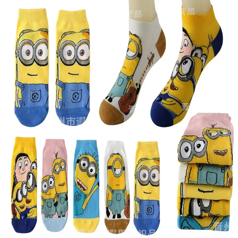 5 Pairs Minions Print Socks Women Men Comfortable Breathable Casual Soft Comfy Sports Ankle Short Socks Cute Japanese Socks Gift