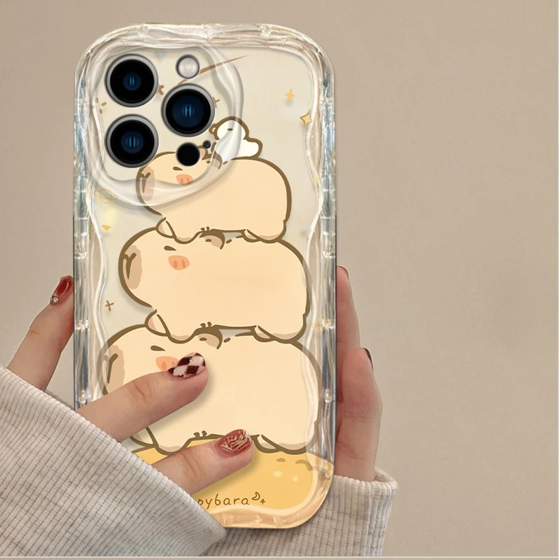 Lovely Cartoon Capybara 3D Wave Case For iPhone 16 15 14 13 12 11 Pro Max X XR XS 8 7 Plus SE 2020 TPU Silicone Shockproof Cover