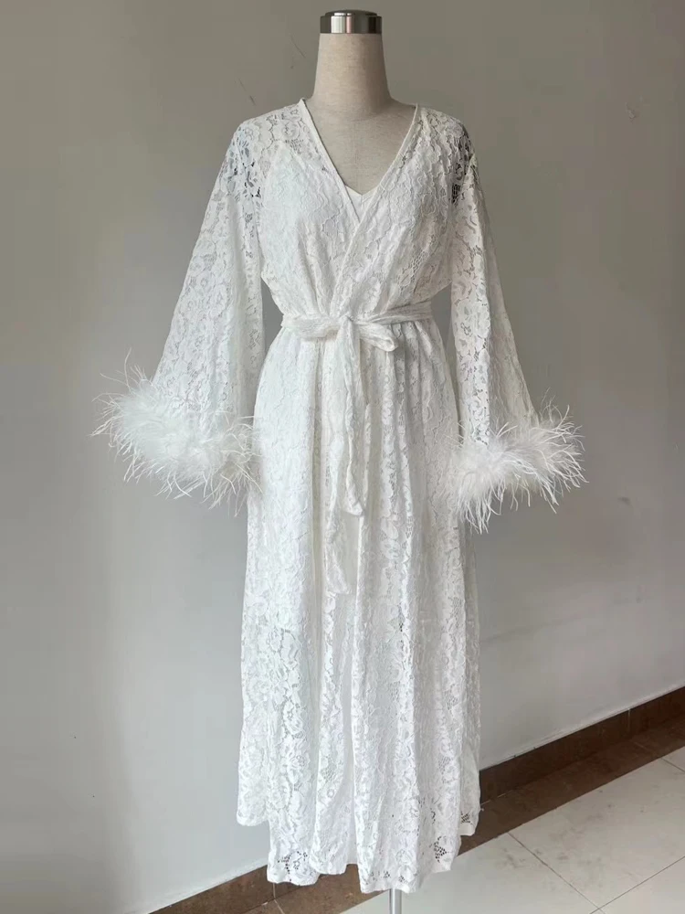 AELESEEN Runway Fashion White Lace Dress Women Autumn Flare Sleeve Feathers V-Neck Belt Hollow Out With Lining Long Party