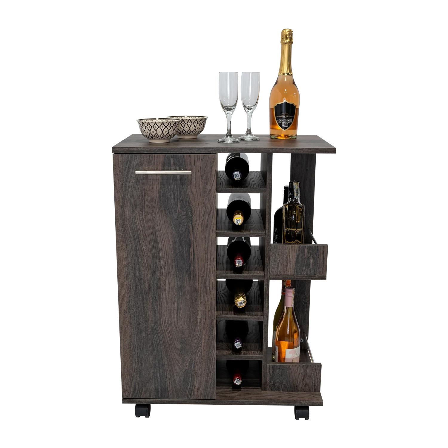 

Bar Cart, Two External Shelves, Four Casters, Six Built-in Wine Rack, Single Door Cabinet -Espresso O