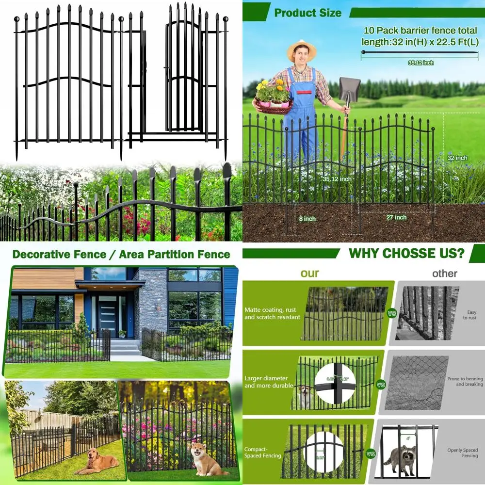 

10 Panels No Dig Decorative Garden Fence with Gate - 32in H x 22.5ft L, Reinforced Square Tube Rustproof Tall Animal Barrier for