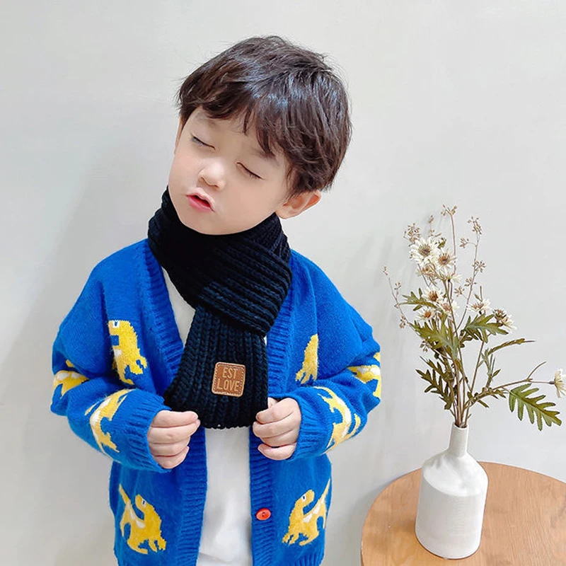 Winter Baby Knitted Scarfs Leather Lable Cross Kids Neck Warmer Children Boys Girls Scarves Baby Accessories 9*110cm 1-6Y