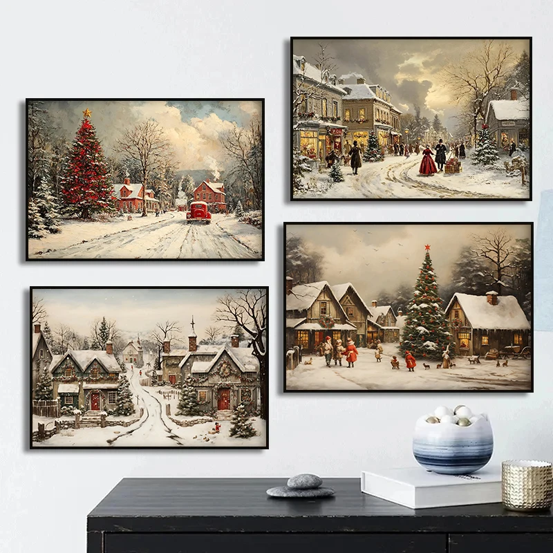 Vintage Christmas Flower Rustic Pickup Sleigh Reindeer Posters and Prints Canvas Printing Wall Art Picture for Living Room Decor