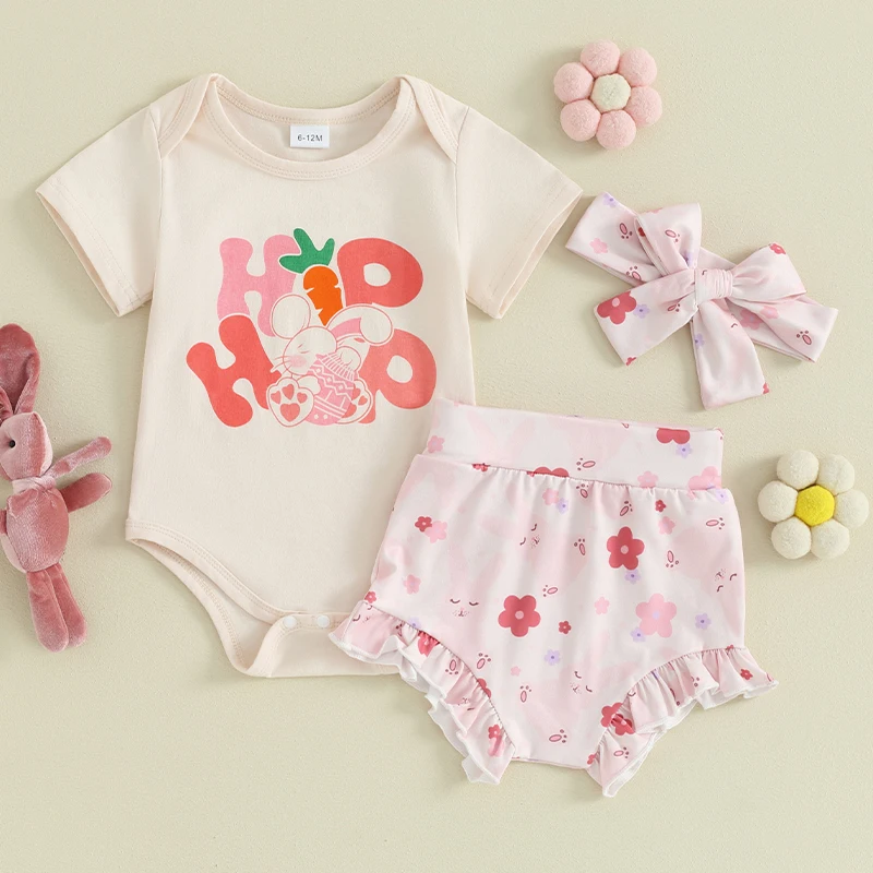 

My First Easter Outfit Baby Girl Shorts Headband 3pcs Set Newborn Bunny Romper Summer Infant Clothes