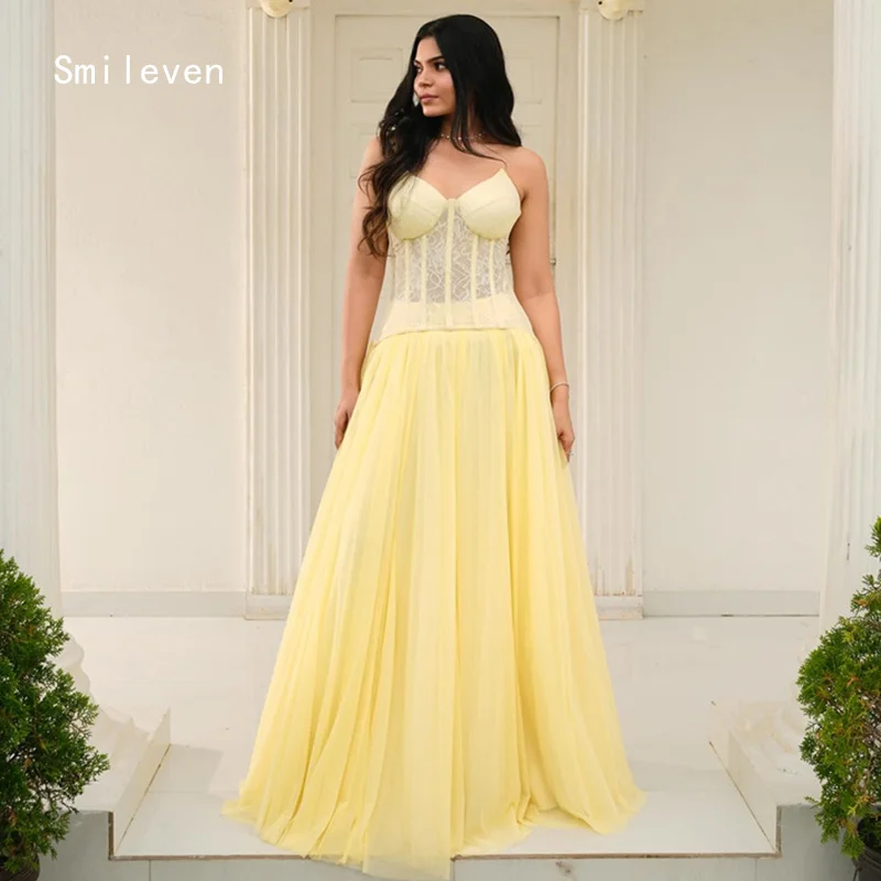 

Smileven Yellow A-line Corset Prom Dress fishbone Strapless Puff Tulle Evening Dresses Romantic Party Gowns Customized 2026