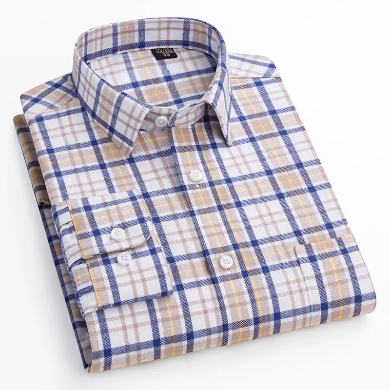 New in shirt plus size 6xl 100%cotton brushed long-sleve shirts for men slim fit casual shirt soft single pocket plaid clothes