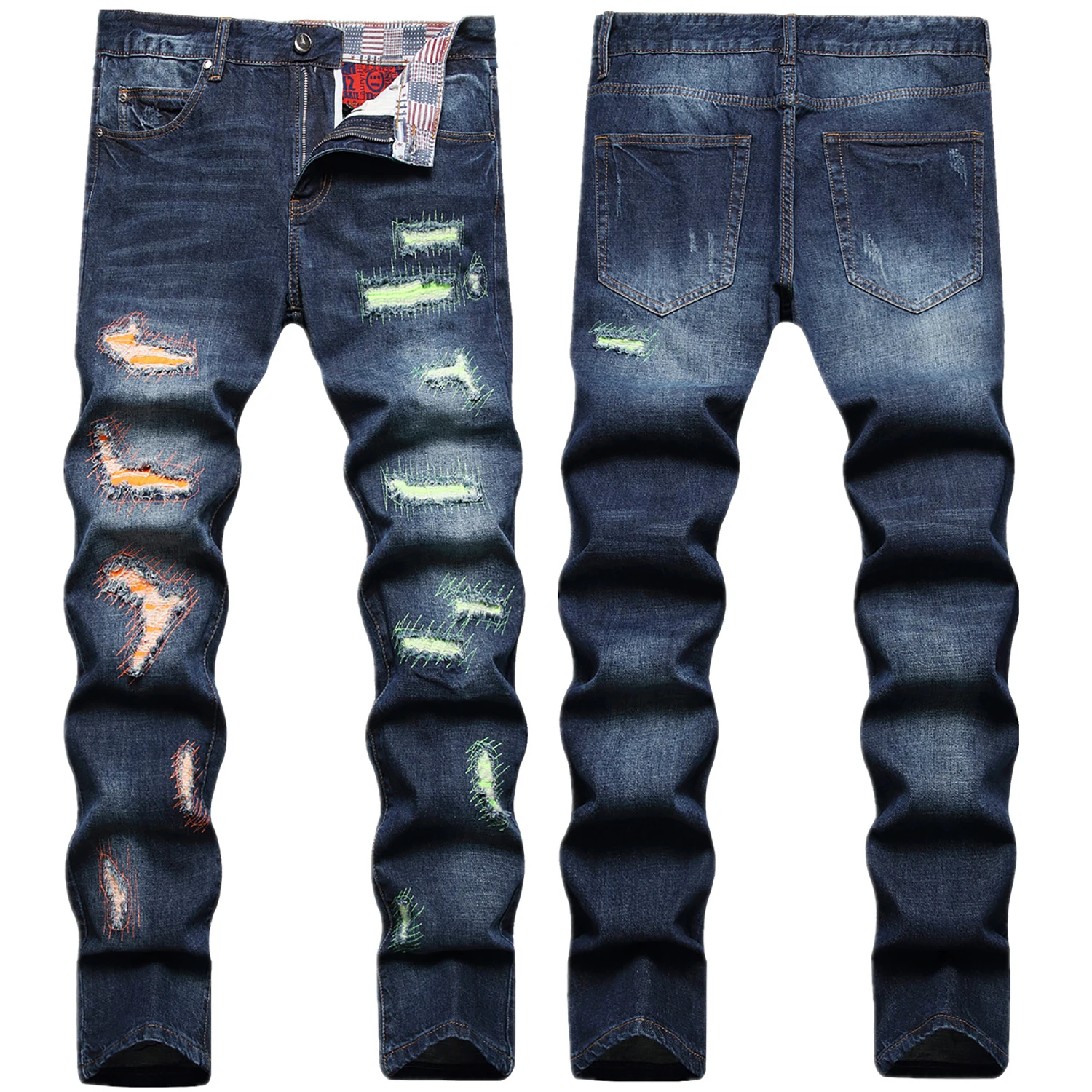 High Quality Men’s Scratches Slim-fit Beggar Jeans,Light Luxury Stitching Ripped Decorating Punk Jeans,Stylish Sexy Street Jeans