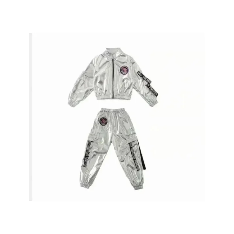 1Set/Lot Boy Girl Hip-Hop Set Silver Color Children Performance Jazz Clothes Dance Costume MN4