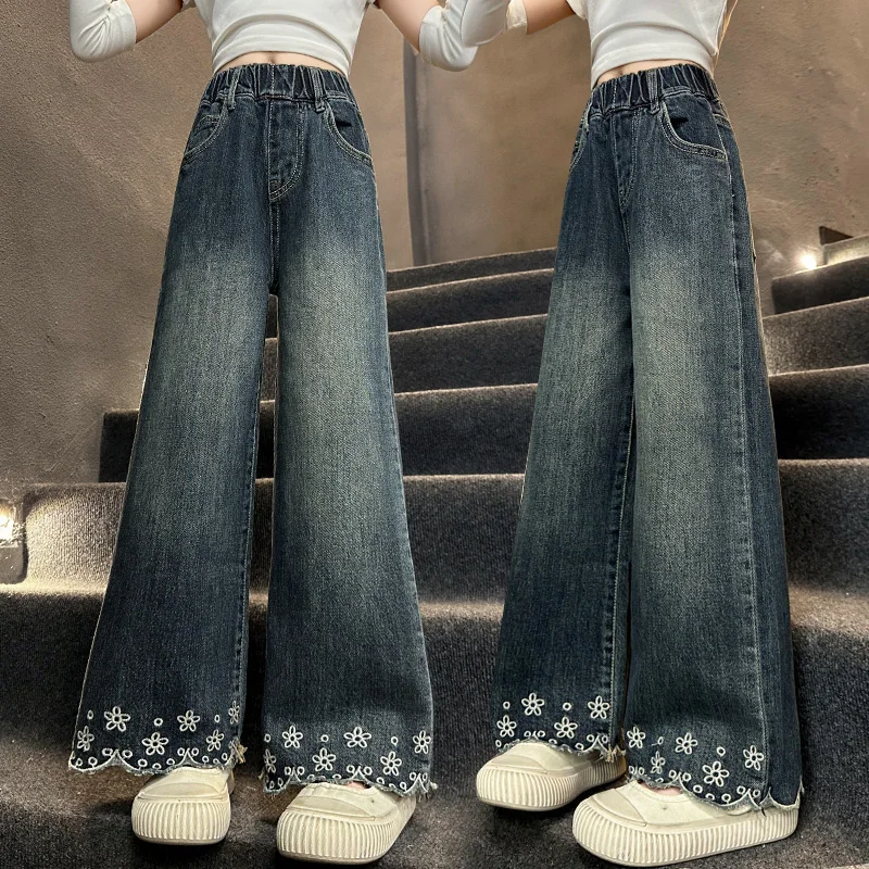 

Korean Kids Girl Retro Dark Blue Jeans with Floral Embroidery Princess Child Fashion Casual Flower Denim Pants Straight Trousers
