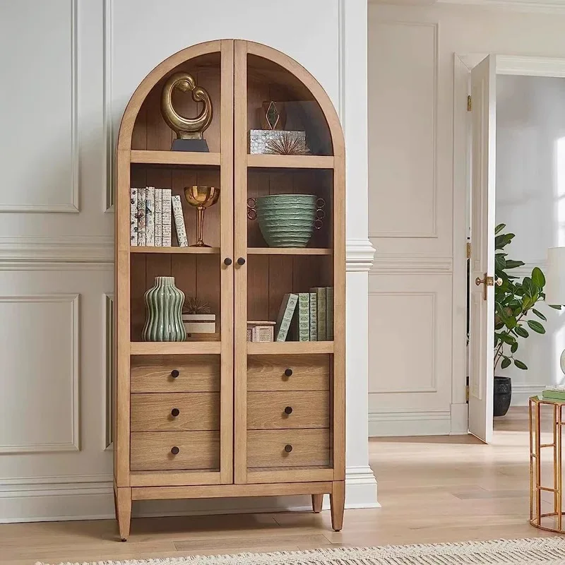 

Solid wood bookcase Living room glass door with drawers French retro arched decorative cabinet