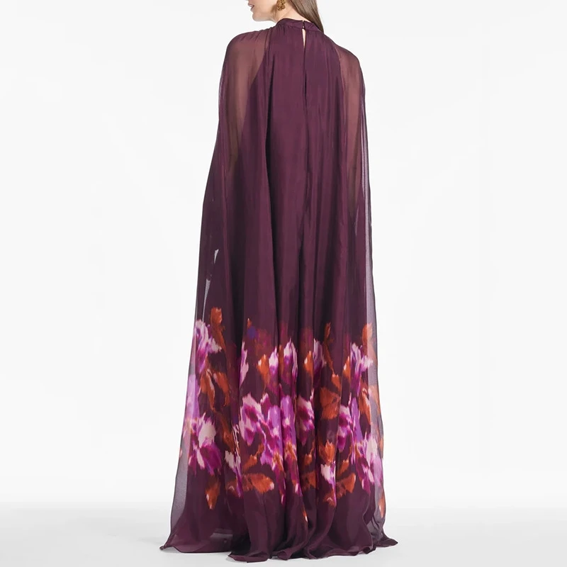 Sheer Chiffon Shawl Collar Maxi Dress Floral Print Loose Fit Flowy Silhouette Elegant Evening Party Wear Trendy