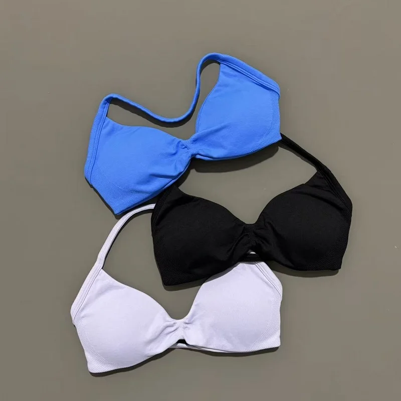 Sports Strappy Bra Gym Top Women High Support Thin Strap Seamless Halter Sports Bras Scrunch Workout Yoga Underwear With Pads image 3