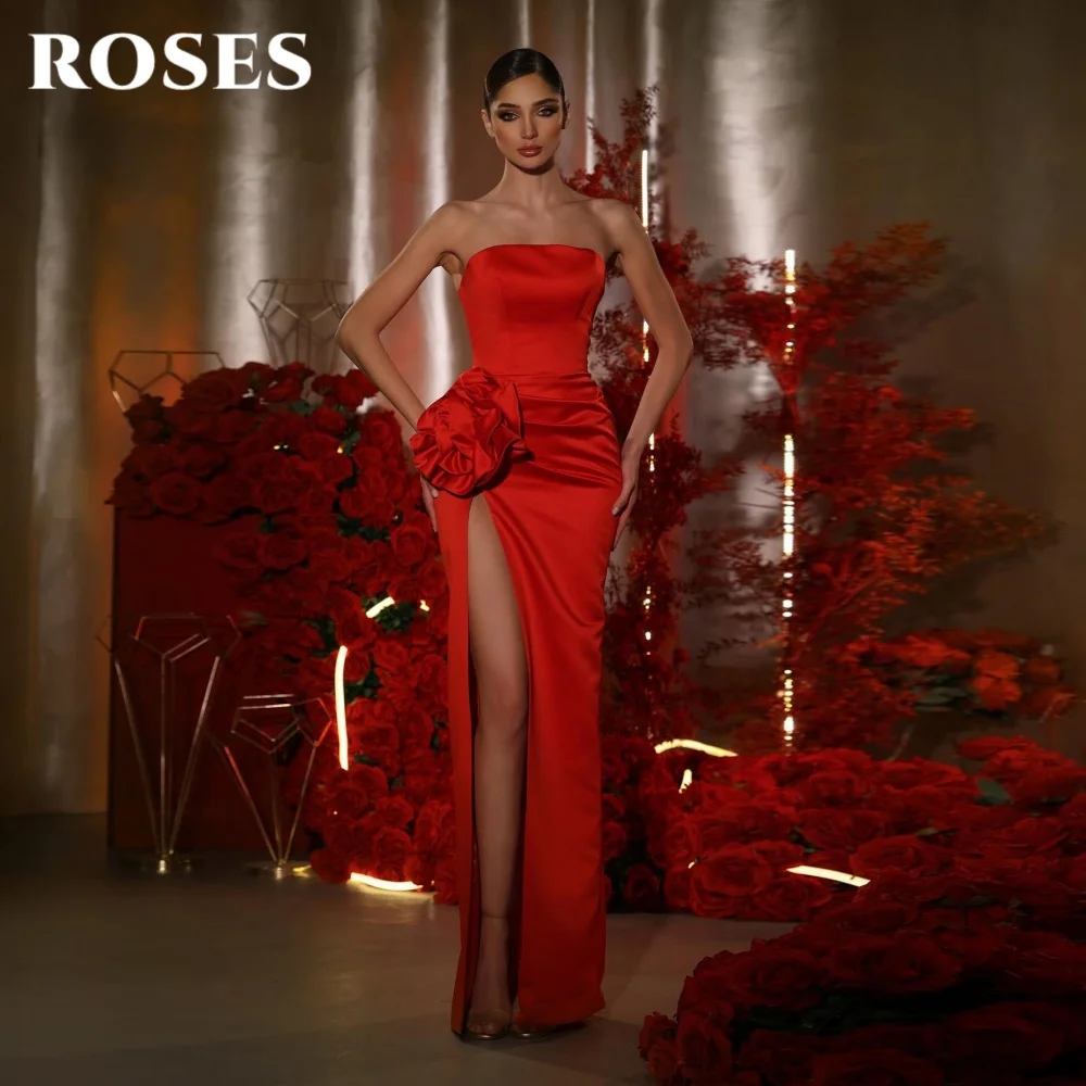 ROSES Red Elegant Prom Dresses 3D-Flowers Strapless Backless Evening Gown Satin Side High Split Formal Gown for Woman Customized